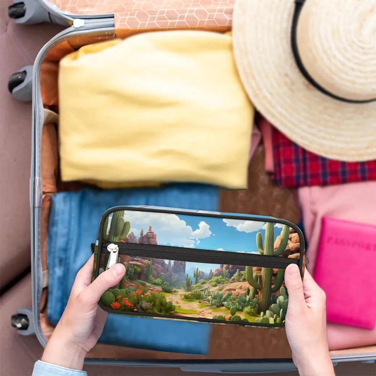 Travel Toiletry Bag for Women Men Cactus Landscape Hanging Cosmetic Bag Waterproof Makeup Bag for Shaving Makeup Toothbrush & Travel Essentials