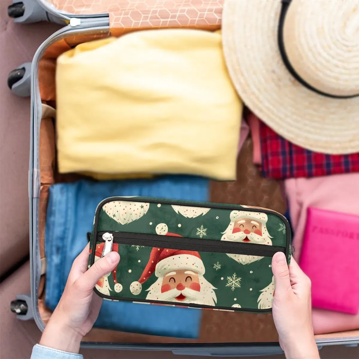 Travel Toiletry Bag for Women Men Christmas Santa Snowflake Hanging Cosmetic Bag Waterproof Makeup Bag for Shaving Makeup Toothbrush & Travel Essentials