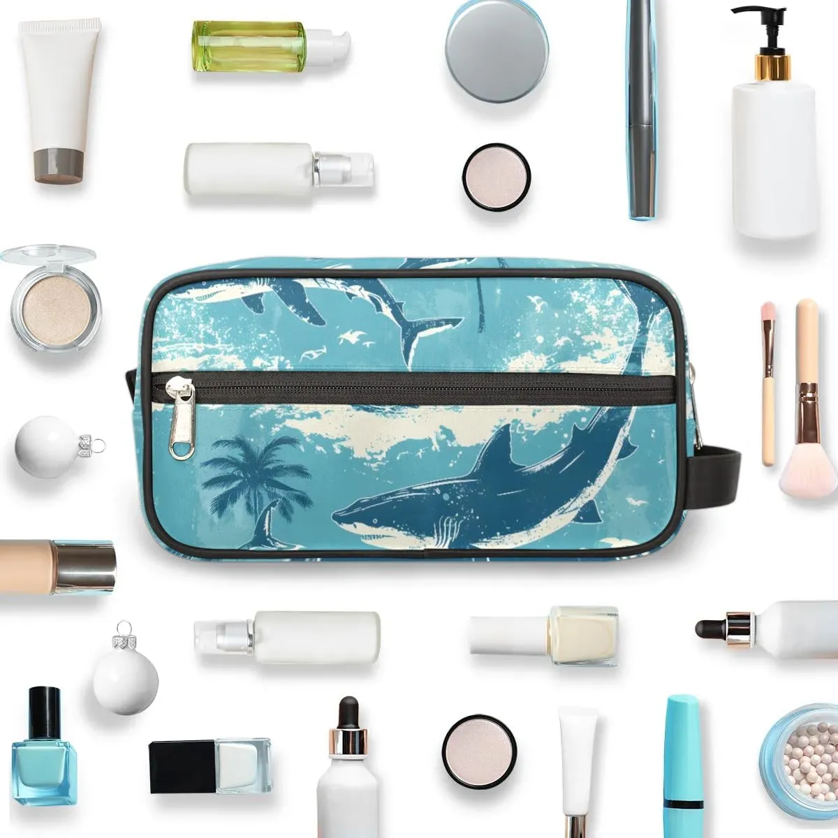 Travel Toiletry Bag for Women Men Palm Tree Sharks Hanging Cosmetic Bag Waterproof Makeup Bag for Shaving Makeup Toothbrush & Travel Essentials