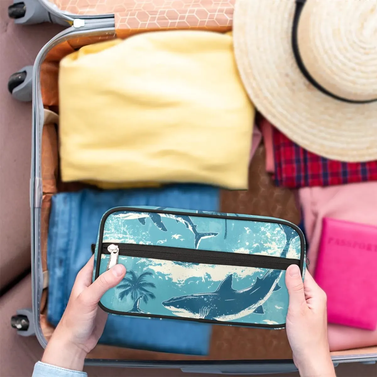 Travel Toiletry Bag for Women Men Palm Tree Sharks Hanging Cosmetic Bag Waterproof Makeup Bag for Shaving Makeup Toothbrush & Travel Essentials