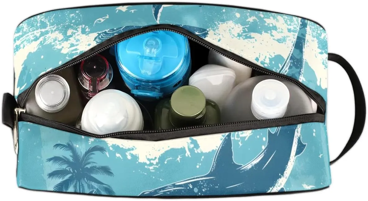 Travel Toiletry Bag for Women Men Palm Tree Sharks Hanging Cosmetic Bag Waterproof Makeup Bag for Shaving Makeup Toothbrush & Travel Essentials