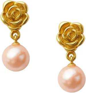 Trendy Gold Rose Pearl Drop and Dangle Earrings for Women, Baroque Freshwater Pink Pearl Statement Floral Earrings for Women Gift, Bridal and Prom Jewelry for Formal Weddings and Parties