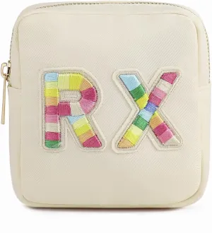 uekeboag Personalized Small Nylon Rx Cosmetic Bag, Cute Chenille Letter Patch Medicine Drug Pouch with Zipper,Preppy Makeup Travel Vitamin Bag for Women and Girls01Sand