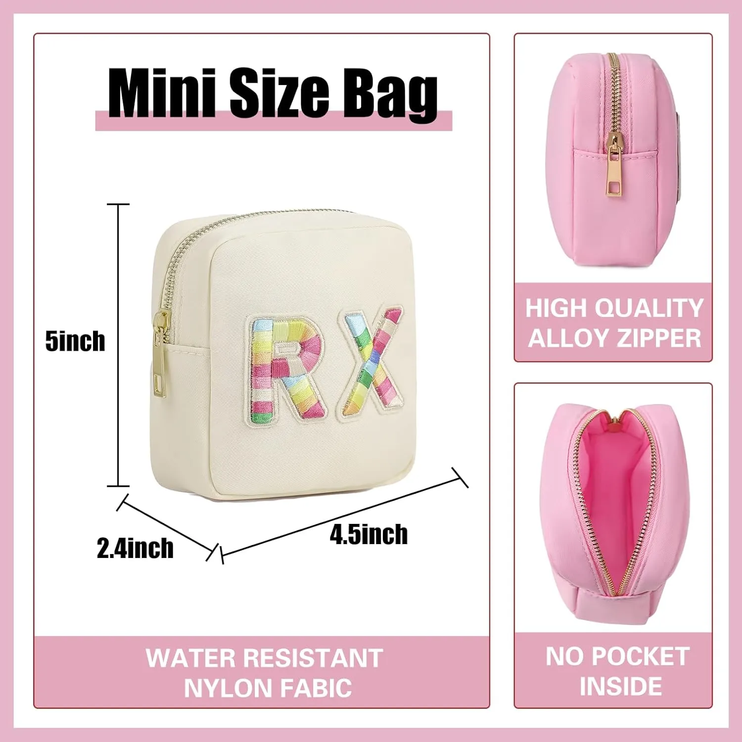 uekeboag Personalized Small Nylon Rx Cosmetic Bag, Cute Chenille Letter Patch Medicine Drug Pouch with Zipper,Preppy Makeup Travel Vitamin Bag for Women and Girls01Sand
