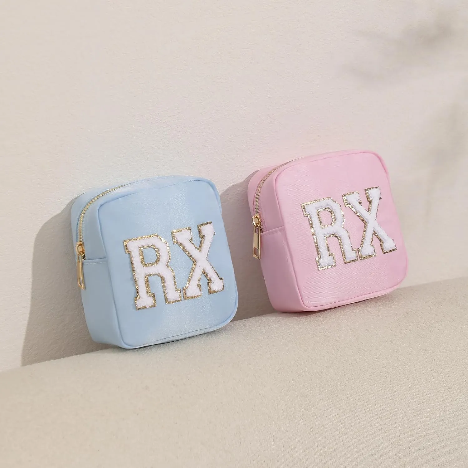 uekeboag Personalized Small Nylon Rx Cosmetic Bag, Cute Chenille Letter Patch Medicine Drug Pouch with Zipper,Preppy Makeup Travel Vitamin Bag for Women and Girls01Sand