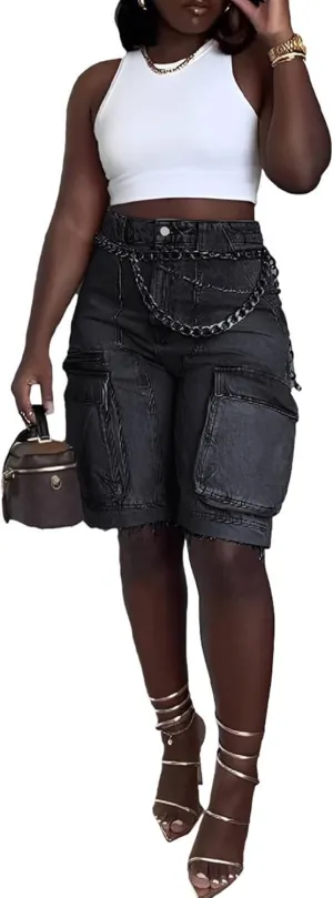 Unybwonn Women Denim Shorts High Waisted Distressed Straight Leg Cargo Shorts Casual Cargo Jean Shorts with Pockets