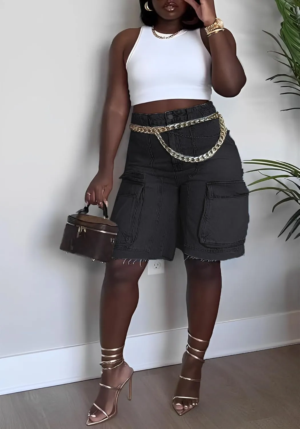 Unybwonn Women Denim Shorts High Waisted Distressed Straight Leg Cargo Shorts Casual Cargo Jean Shorts with Pockets