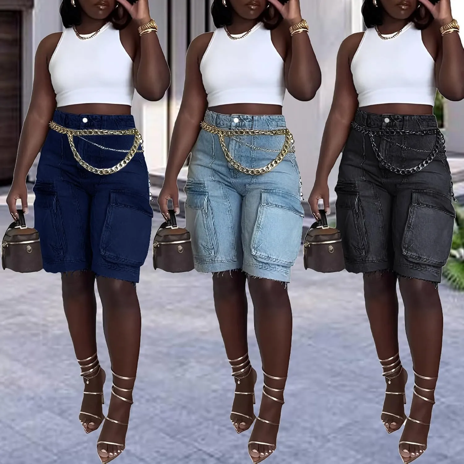 Unybwonn Women Denim Shorts High Waisted Distressed Straight Leg Cargo Shorts Casual Cargo Jean Shorts with Pockets