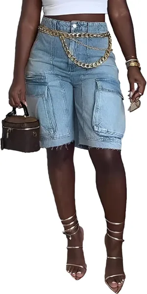 Unybwonn Women Denim Shorts High Waisted Distressed Straight Leg Cargo Shorts Casual Cargo Jean Shorts with Pockets