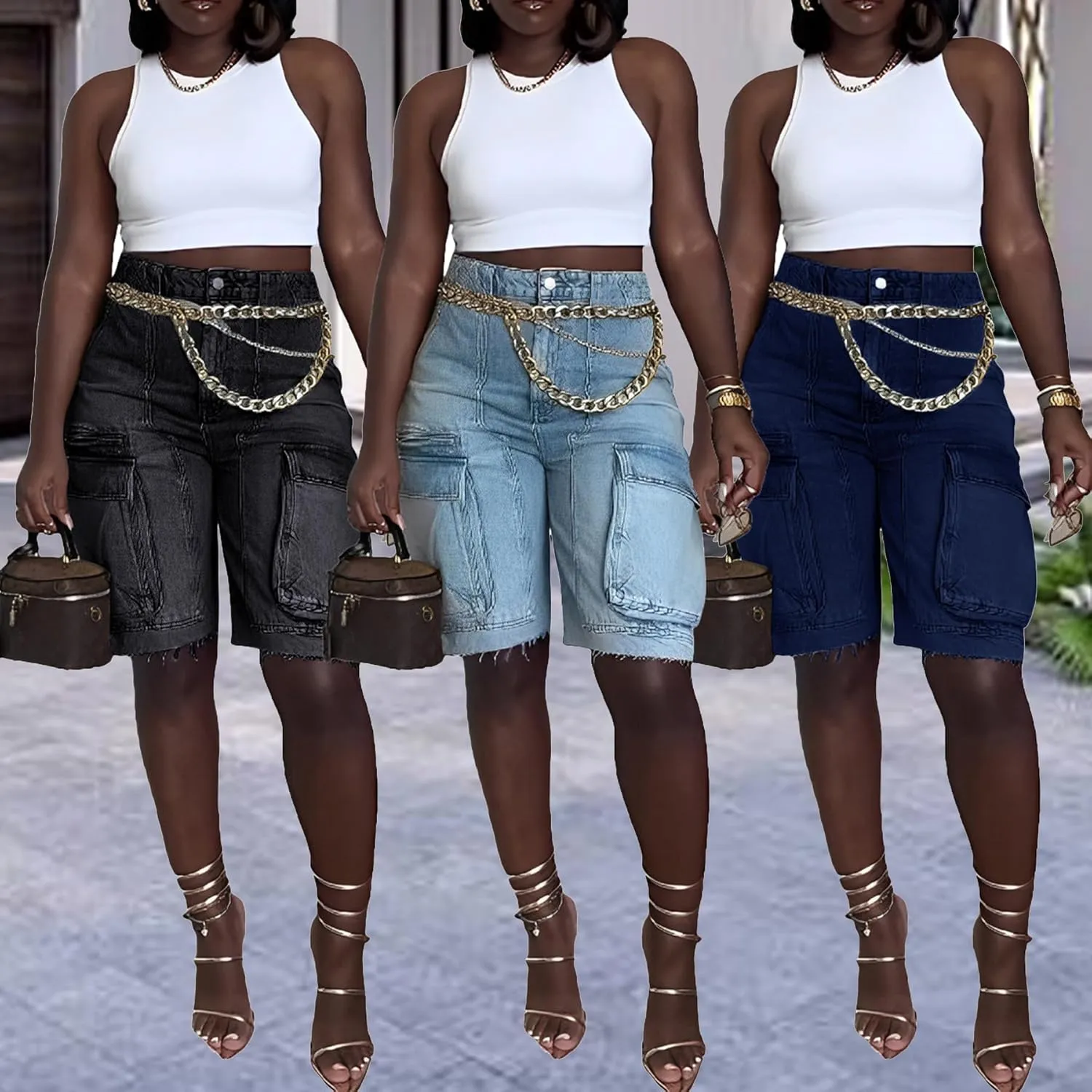 Unybwonn Women Denim Shorts High Waisted Distressed Straight Leg Cargo Shorts Casual Cargo Jean Shorts with Pockets