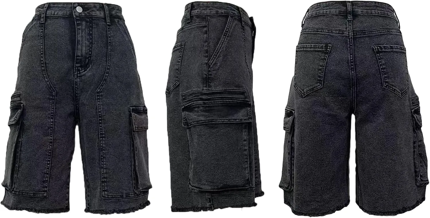 Unybwonn Women Denim Shorts High Waisted Distressed Straight Leg Cargo Shorts Casual Cargo Jean Shorts with Pockets