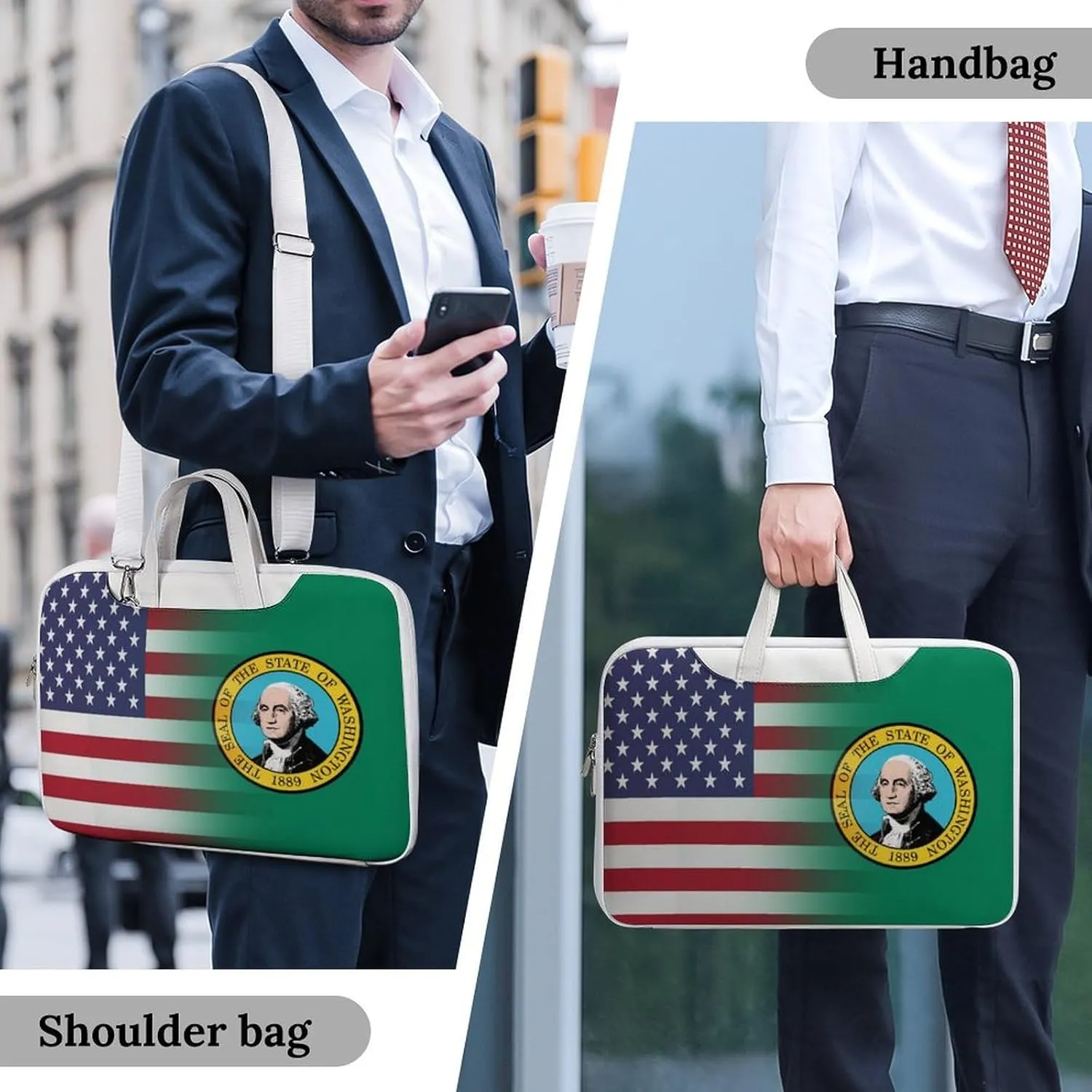 U.S.A Washington State Flag Leather Bag Laptop Case Slim Water Resistant Computer Bags with Handle Briefcase for Work