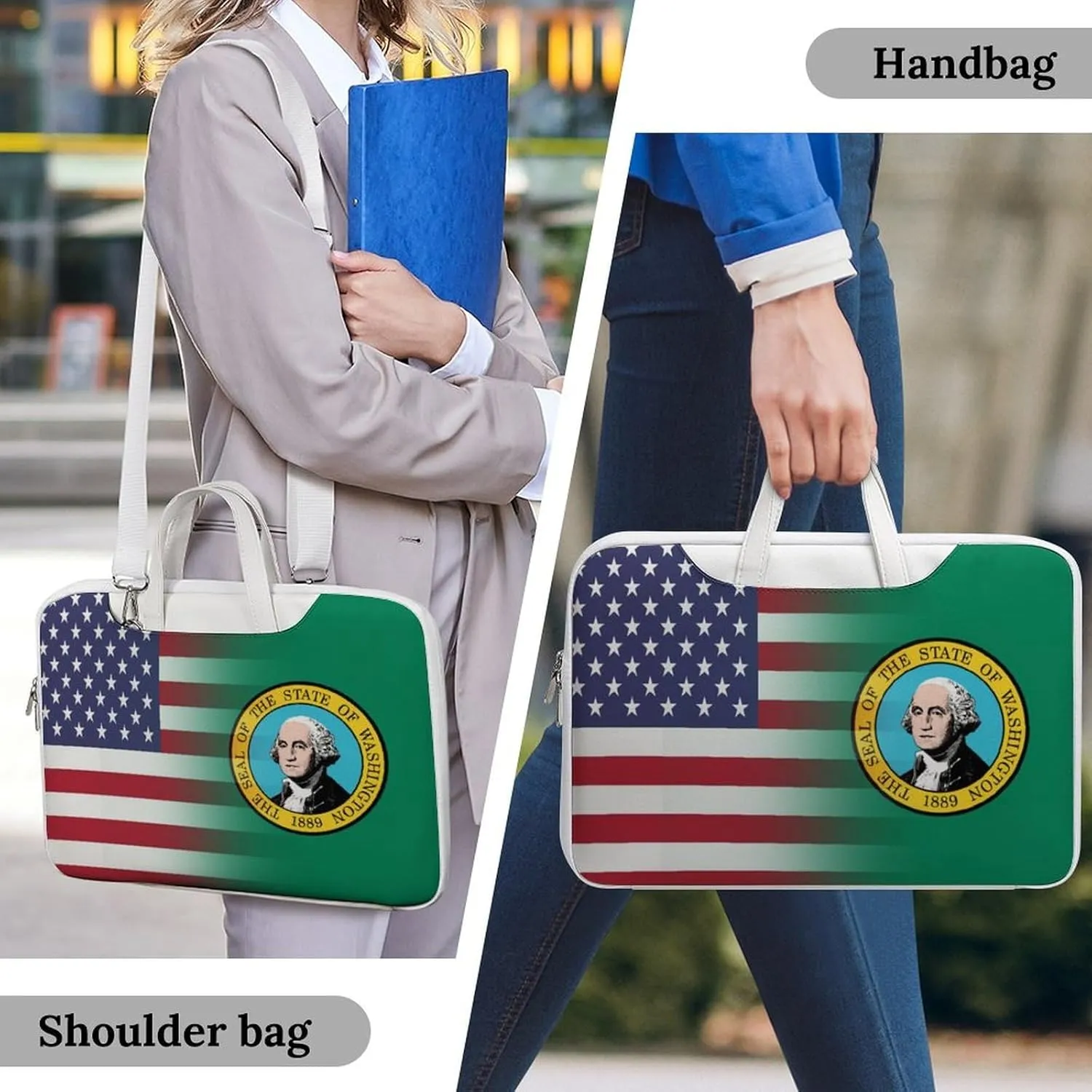 U.S.A Washington State Flag Leather Bag Laptop Case Slim Water Resistant Computer Bags with Handle Briefcase for Work