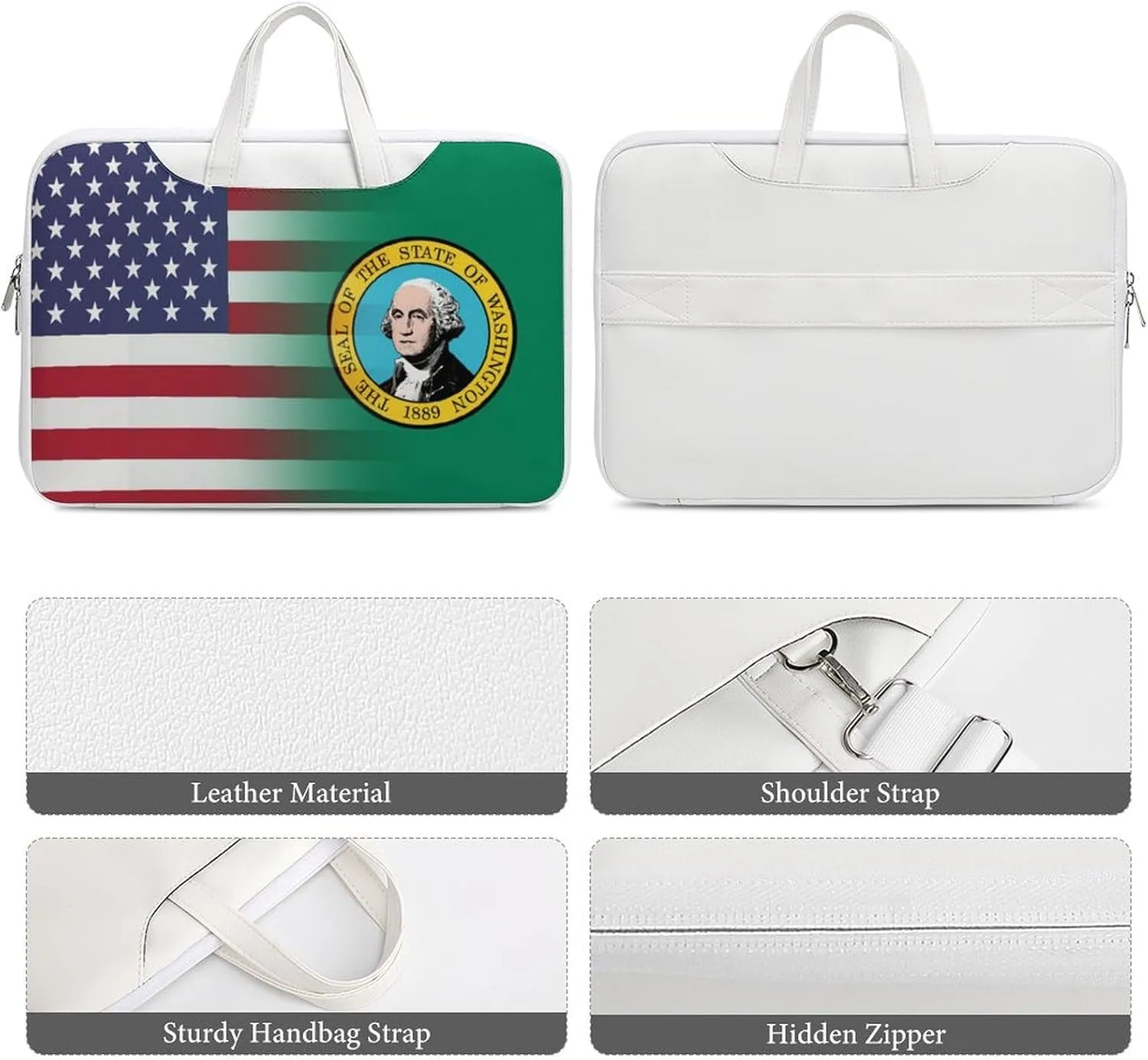 U.S.A Washington State Flag Leather Bag Laptop Case Slim Water Resistant Computer Bags with Handle Briefcase for Work