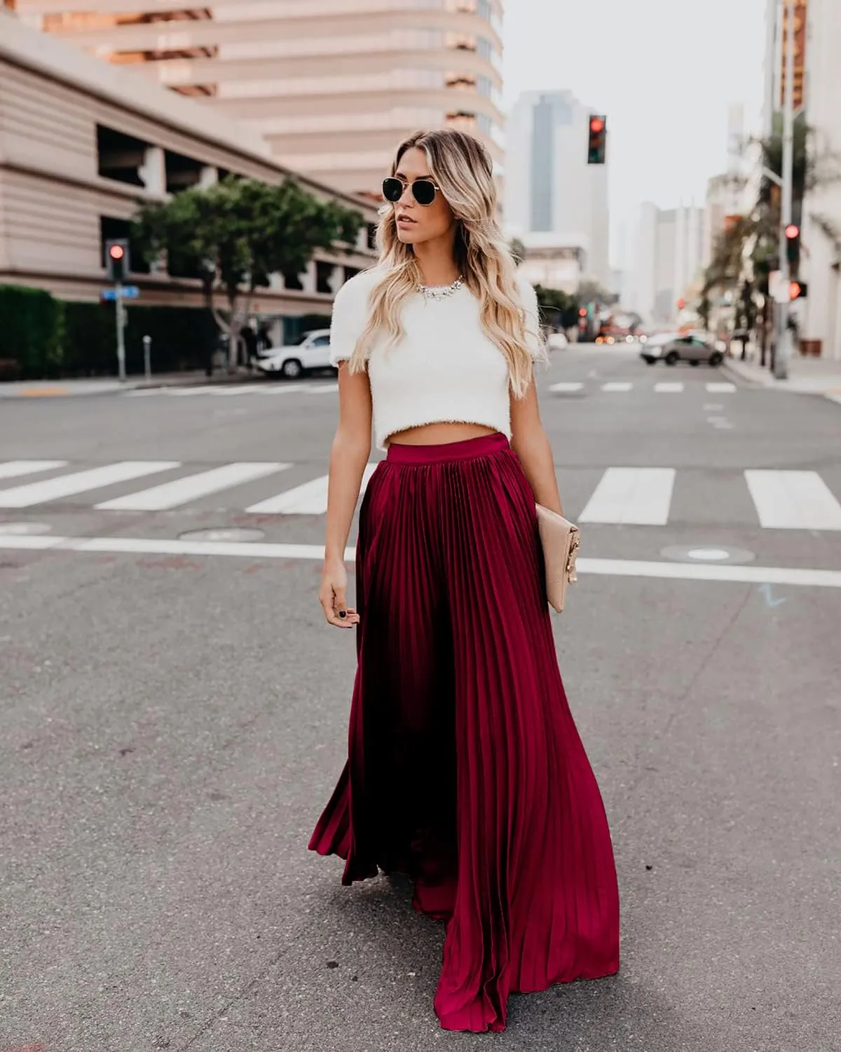 utcoco Women's Elegant Maxi Skirt High Waisted Pleated Chiffon Long Skirts for Women