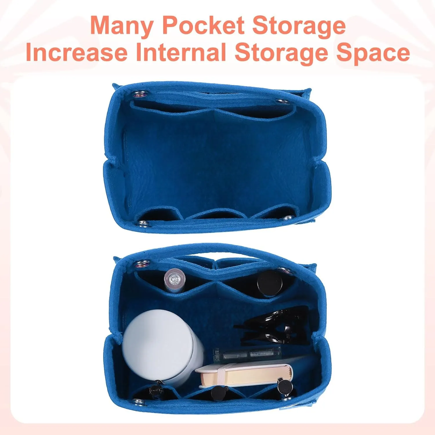 uxcell Purse Organizer Insert, Portable Felt Organizer Bags with Snap Multiple Compartments Purse Liner for Domed Satchel, Tote Bag, Handbag Shaper (6.7" x 3.9" x 6.3", Blue)