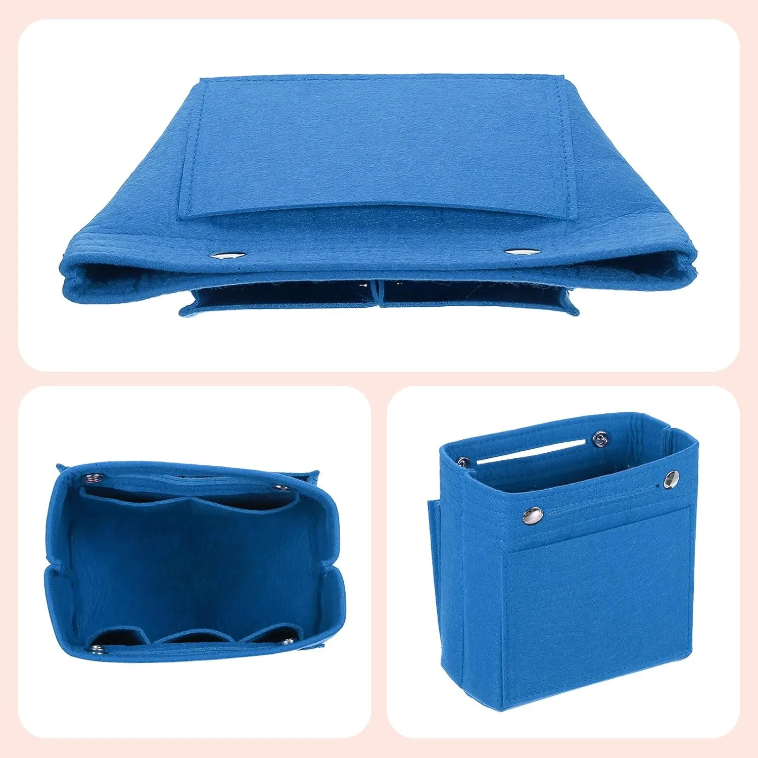 uxcell Purse Organizer Insert, Portable Felt Organizer Bags with Snap Multiple Compartments Purse Liner for Domed Satchel, Tote Bag, Handbag Shaper (6.7" x 3.9" x 6.3", Blue)