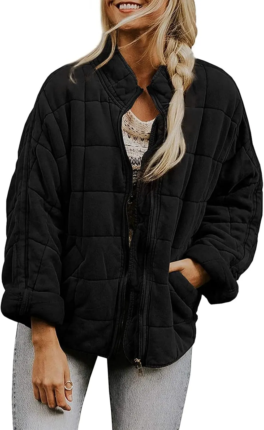 VESNIBA Quilted Jackets for Women Long Sleeve Zip Up Jacket Coat Loose Fit Puffer Shakets Winter Warm Outwear