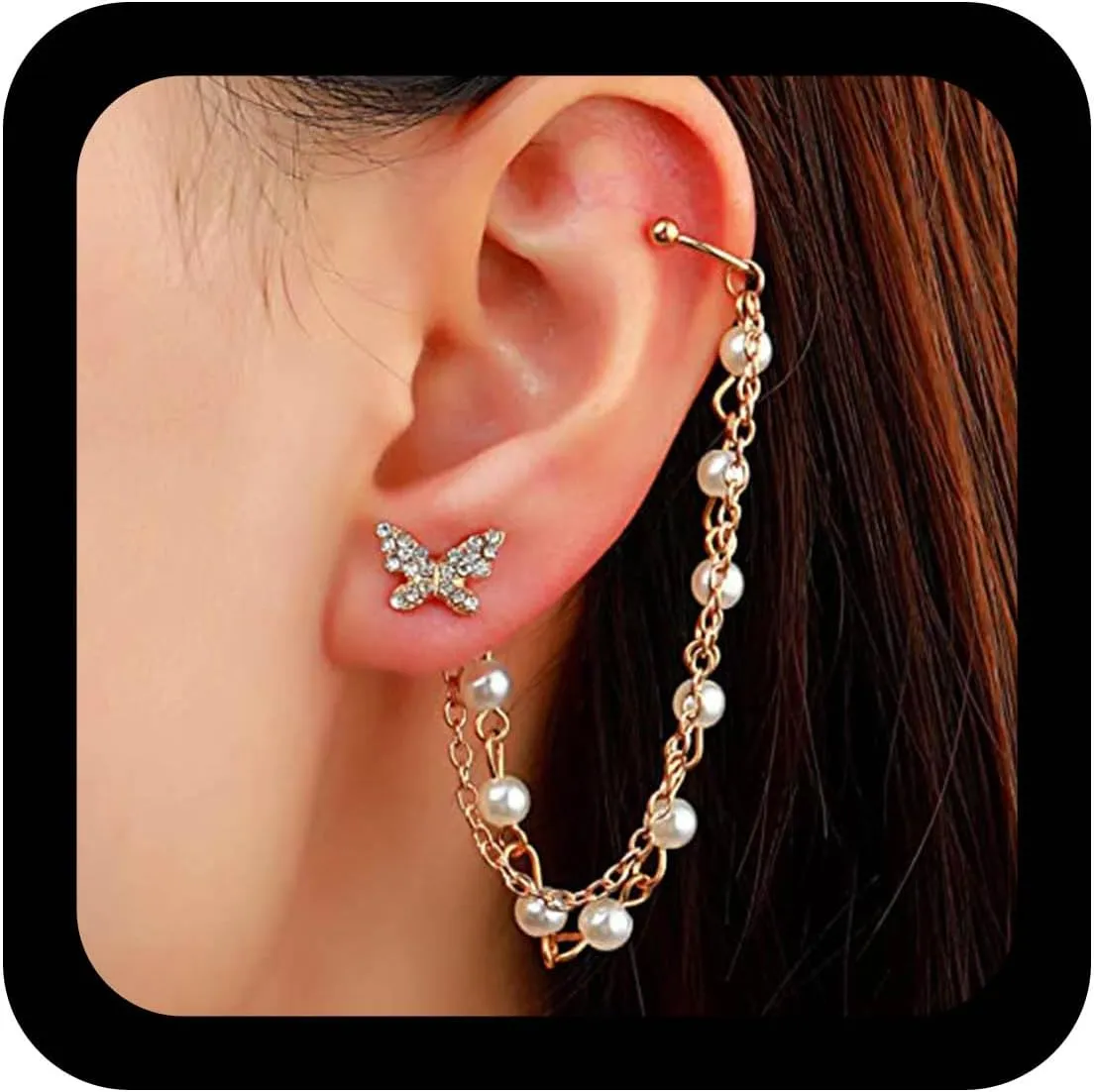 Vintage Pearl Cuff Chain Earrings Gold Cz Butterfly Studs Earrings Dangle Pearl Chain Cartilage Earrings Helix Cuff Chain Earrings Long Helix to Lobe Chain Earrings Jewelry