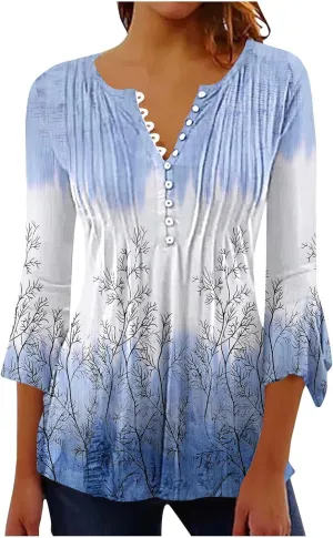 Vintage Tees for Women Elegant Floral Print 3/4 Sleeve Empire Waist Button Up Shirt Vintage Causal Dressy Boho Blouse