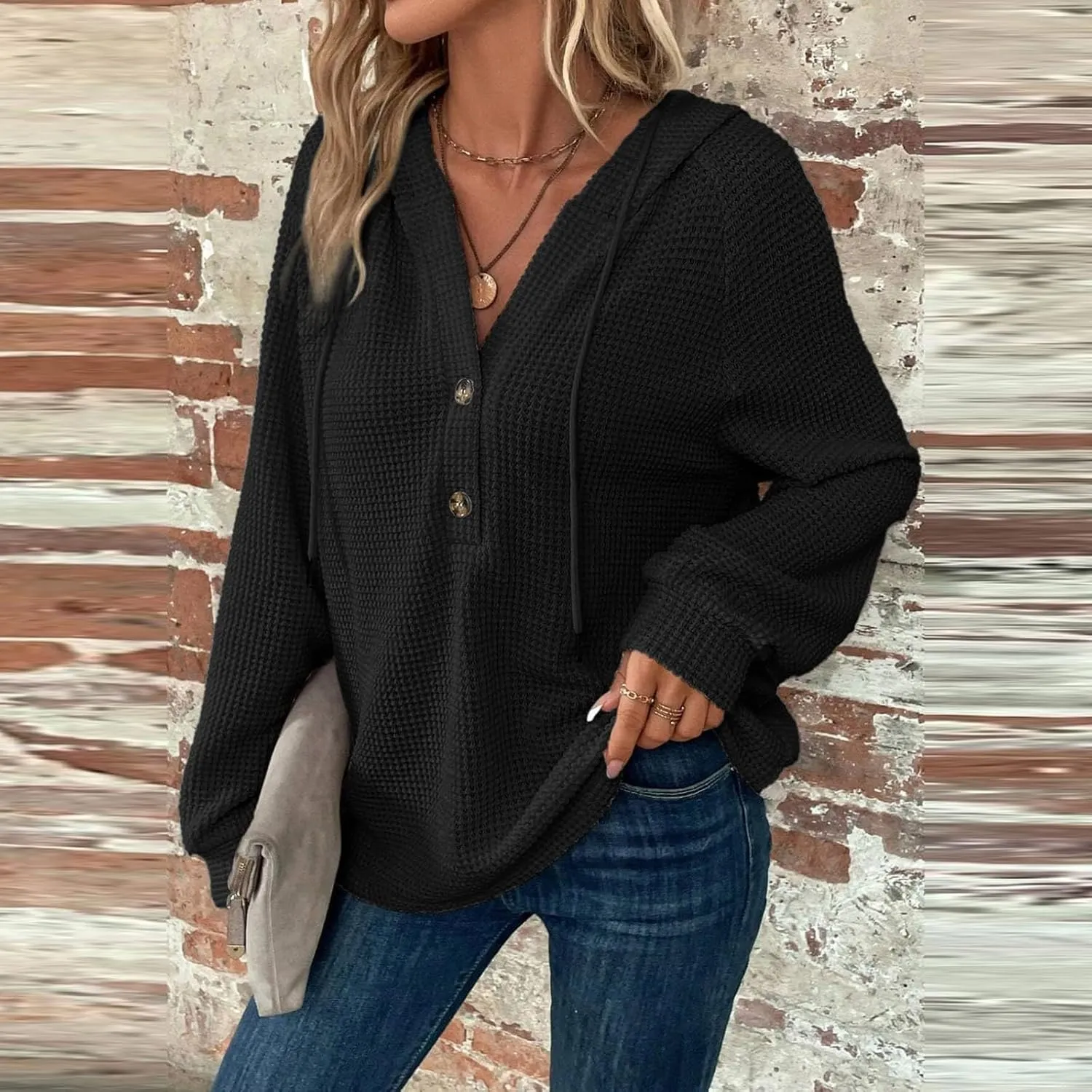Waffle Knit Hoodies for Women Drawstring Hooded Button V-Neck Sweatshirt Fall Casual Long Sleeve Pullover Sweaters