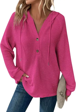 Waffle Knit Hoodies for Women Drawstring Hooded Button V-Neck Sweatshirt Fall Casual Long Sleeve Pullover Sweaters