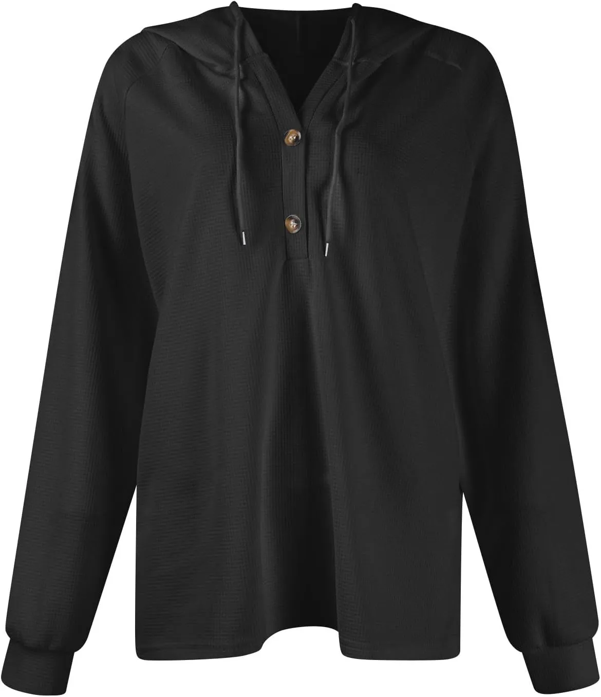 Waffle Knit Hoodies for Women Drawstring Hooded Button V-Neck Sweatshirt Fall Casual Long Sleeve Pullover Sweaters