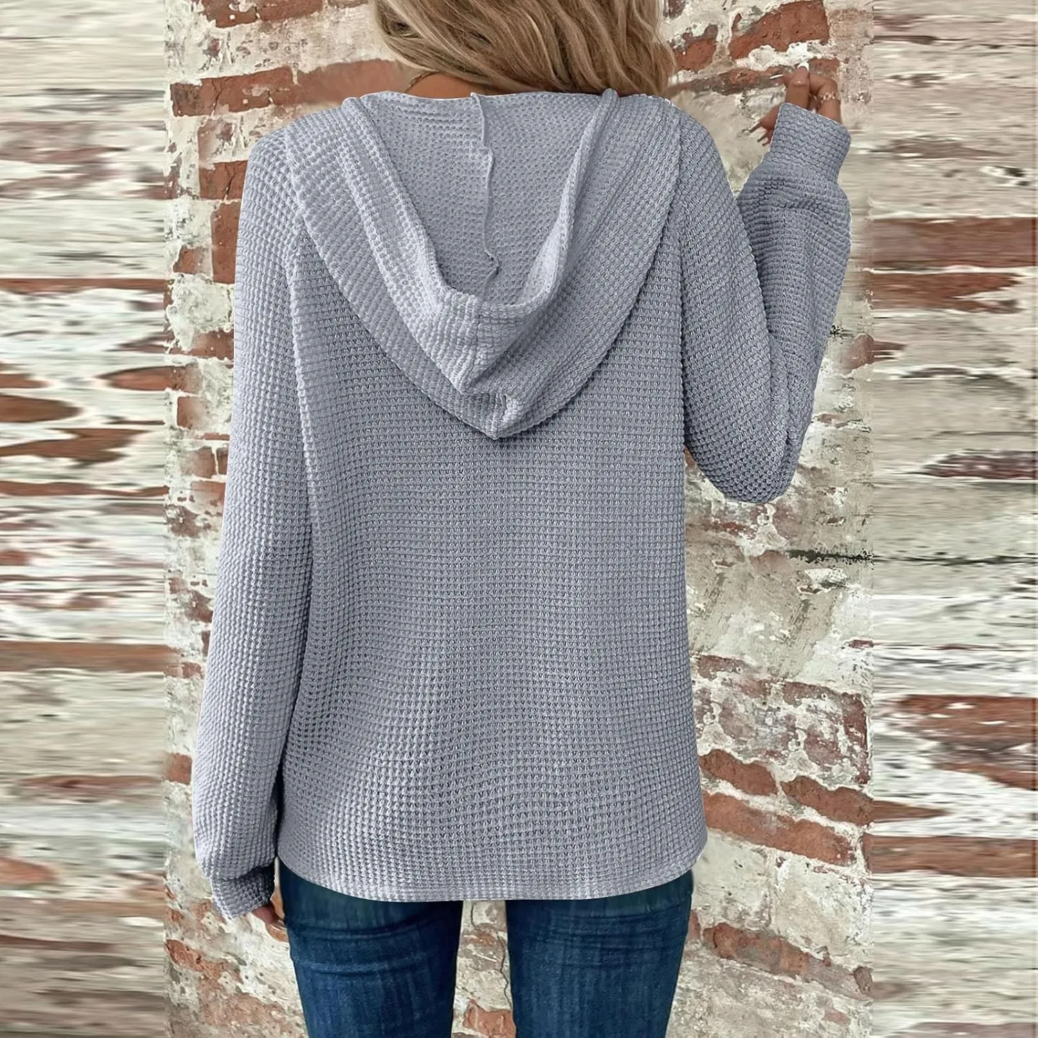 Waffle Knit Hoodies for Women Drawstring Hooded Button V-Neck Sweatshirt Fall Casual Long Sleeve Pullover Sweaters