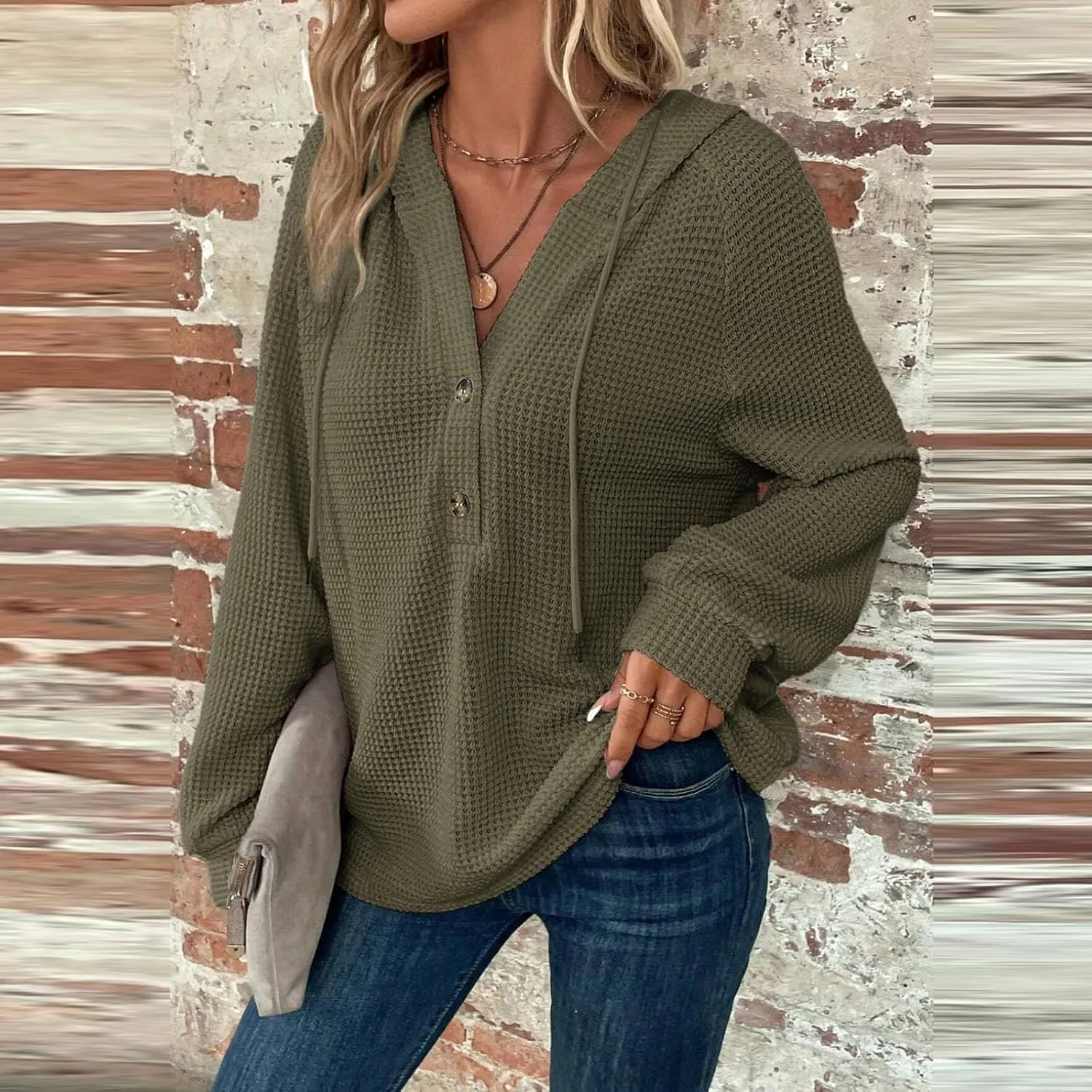 Waffle Knit Hoodies for Women Drawstring Hooded Button V-Neck Sweatshirt Fall Casual Long Sleeve Pullover Sweaters