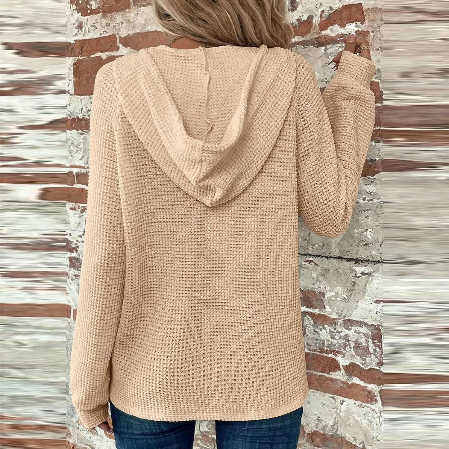 Waffle Knit Hoodies for Women Drawstring Hooded Button V-Neck Sweatshirt Fall Casual Long Sleeve Pullover Sweaters