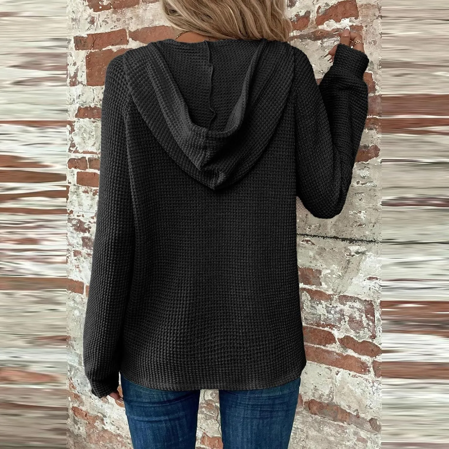 Waffle Knit Hoodies for Women Drawstring Hooded Button V-Neck Sweatshirt Fall Casual Long Sleeve Pullover Sweaters