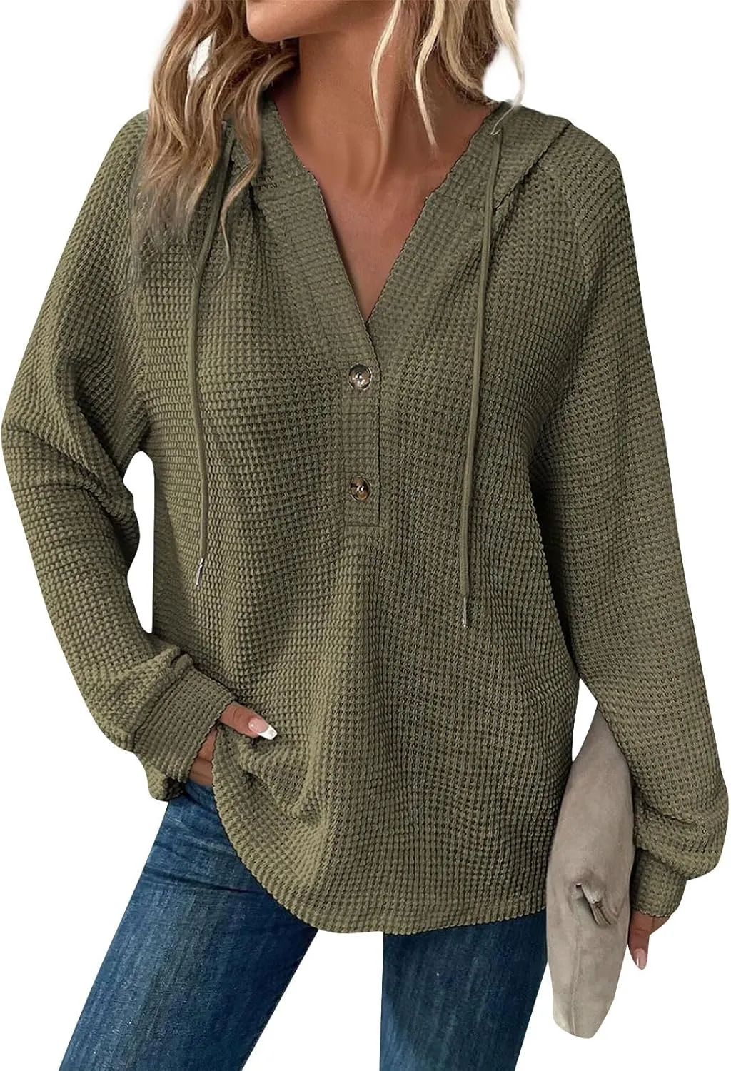 Waffle Knit Hoodies for Women Drawstring Hooded Button V-Neck Sweatshirt Fall Casual Long Sleeve Pullover Sweaters