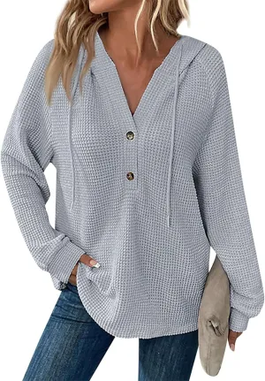 Waffle Knit Hoodies for Women Drawstring Hooded Button V-Neck Sweatshirt Fall Casual Long Sleeve Pullover Sweaters