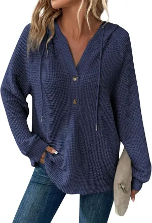 Waffle Knit Hoodies for Women Drawstring Hooded Button V-Neck Sweatshirt Fall Casual Long Sleeve Pullover Sweaters