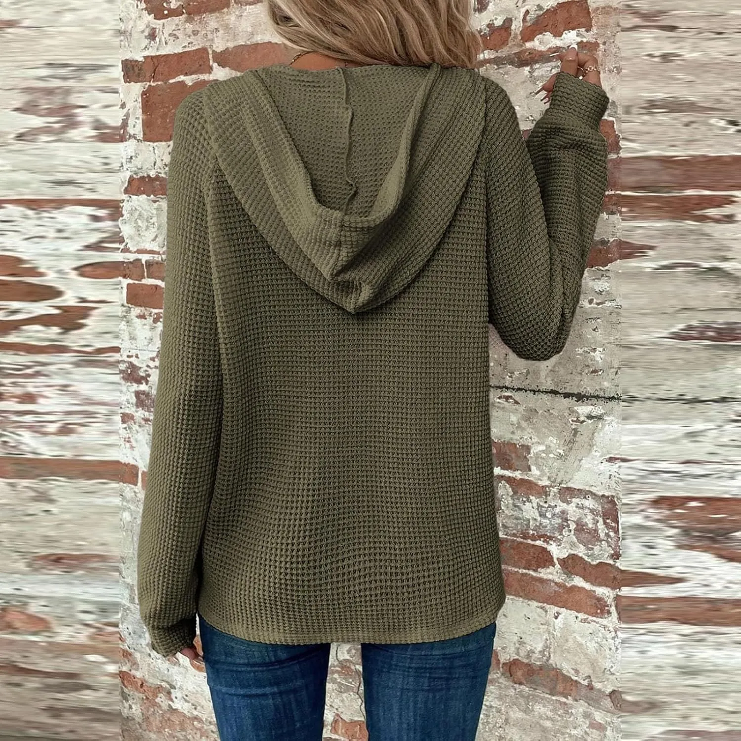 Waffle Knit Hoodies for Women Drawstring Hooded Button V-Neck Sweatshirt Fall Casual Long Sleeve Pullover Sweaters
