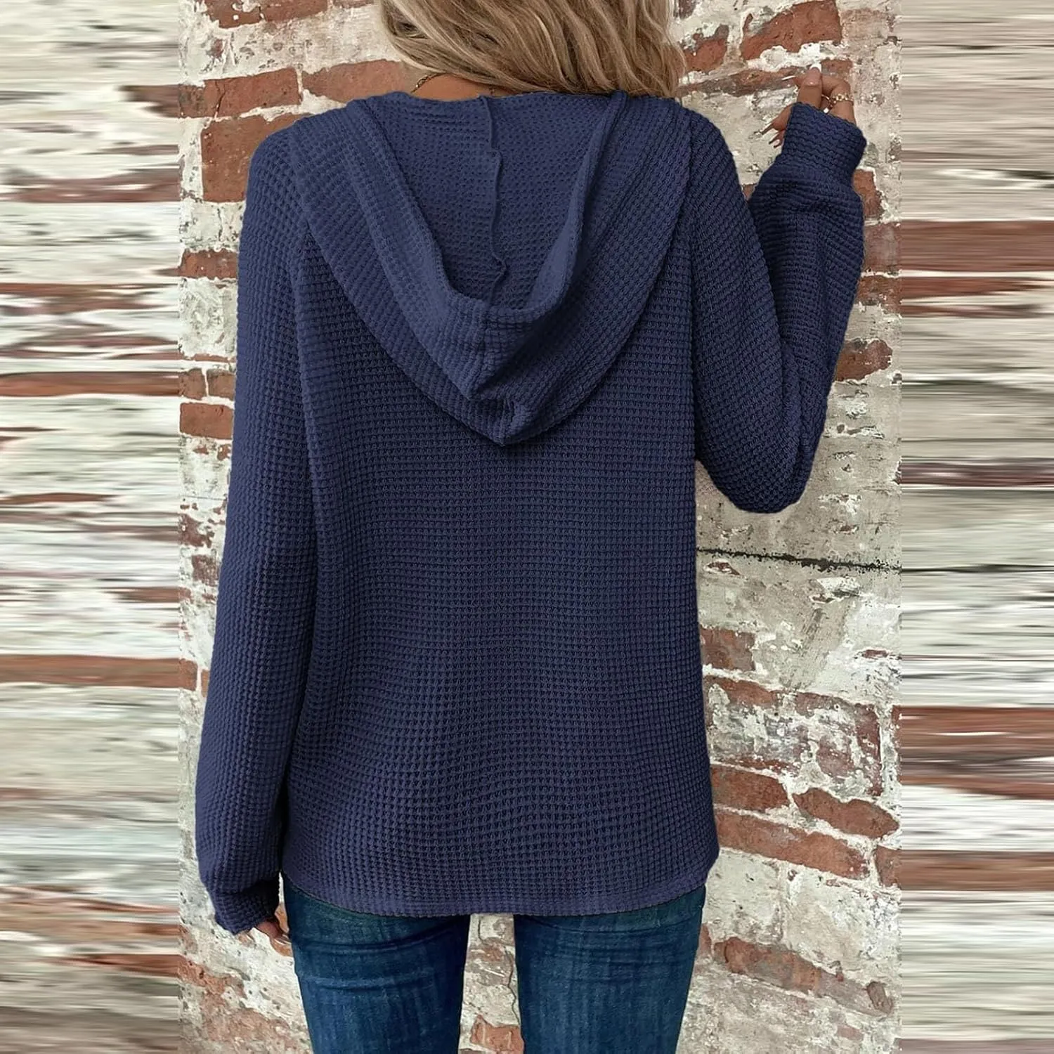 Waffle Knit Hoodies for Women Drawstring Hooded Button V-Neck Sweatshirt Fall Casual Long Sleeve Pullover Sweaters