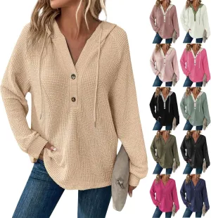 Waffle Knit Hoodies for Women Drawstring Hooded Button V-Neck Sweatshirt Fall Casual Long Sleeve Pullover Sweaters