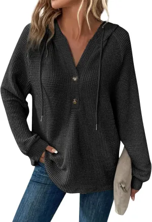 Waffle Knit Hoodies for Women Drawstring Hooded Button V-Neck Sweatshirt Fall Casual Long Sleeve Pullover Sweaters
