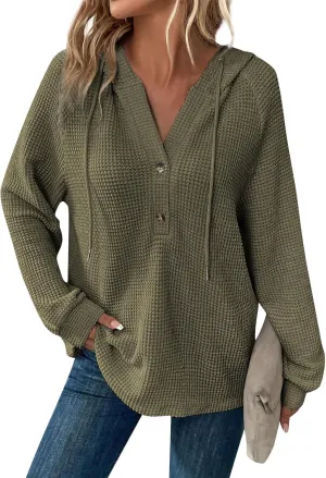 Waffle Knit Hoodies for Women Drawstring Hooded Button V-Neck Sweatshirt Fall Casual Long Sleeve Pullover Sweaters