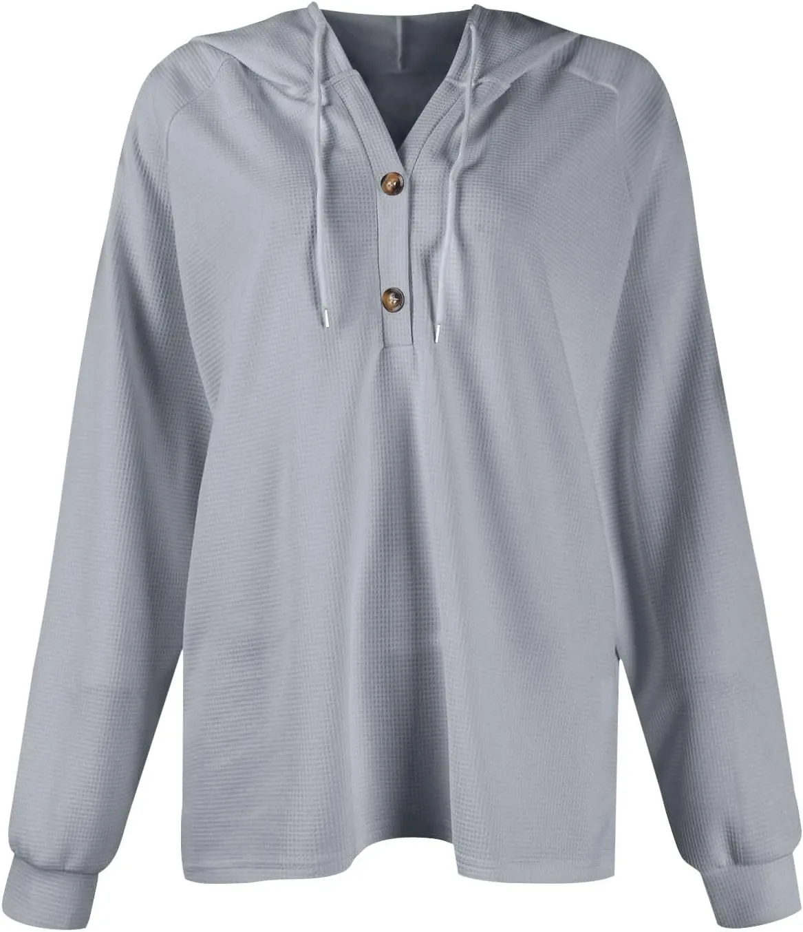 Waffle Knit Hoodies for Women Drawstring Hooded Button V-Neck Sweatshirt Fall Casual Long Sleeve Pullover Sweaters