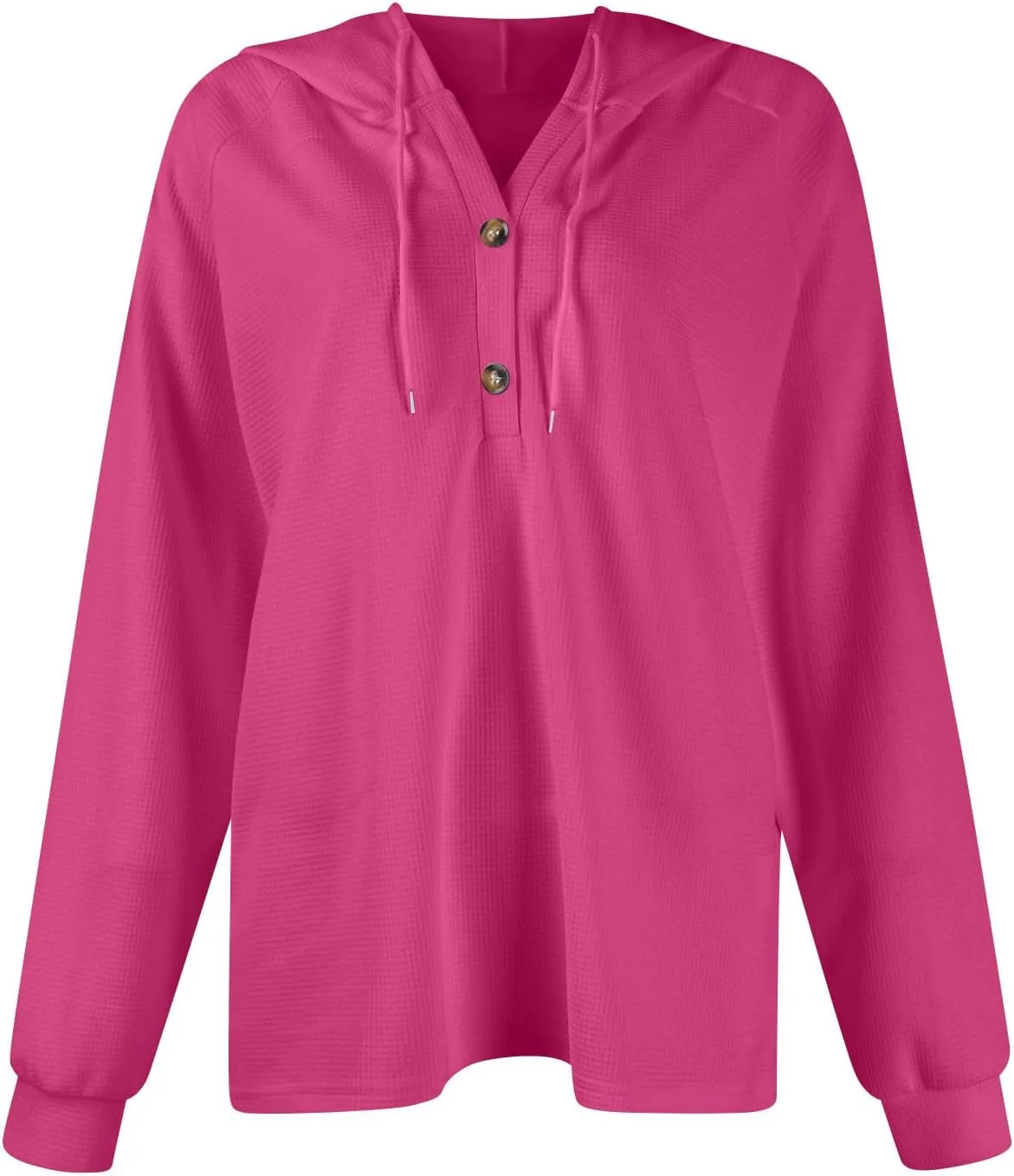 Waffle Knit Hoodies for Women Drawstring Hooded Button V-Neck Sweatshirt Fall Casual Long Sleeve Pullover Sweaters