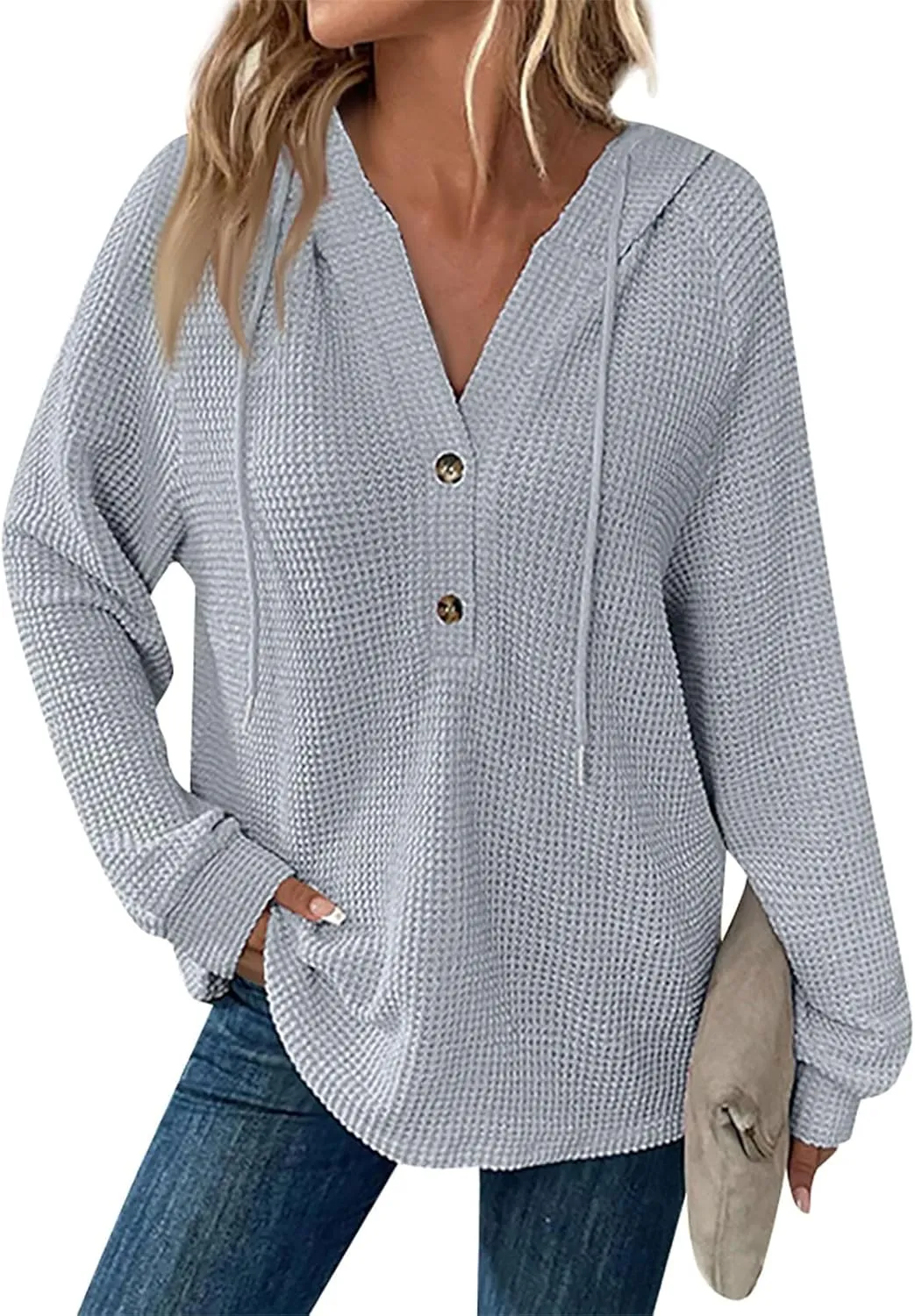 Waffle Knit Hoodies for Women Drawstring Hooded Button V-Neck Sweatshirt Fall Casual Long Sleeve Pullover Sweaters