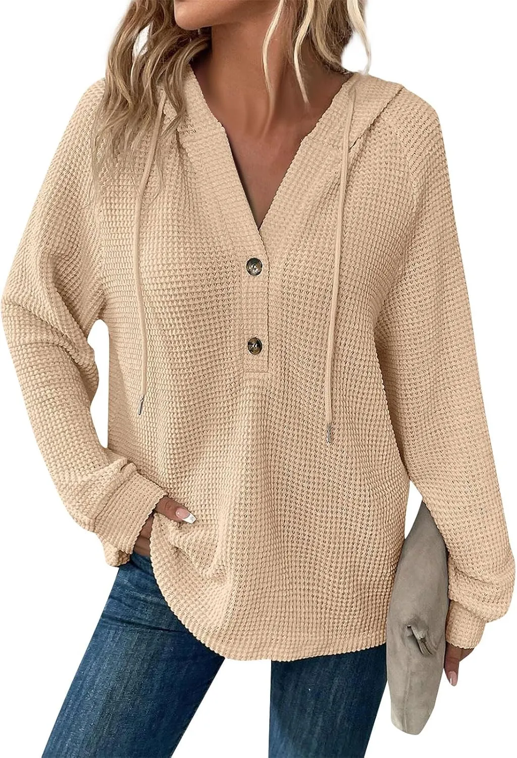 Waffle Knit Hoodies for Women Drawstring Hooded Button V-Neck Sweatshirt Fall Casual Long Sleeve Pullover Sweaters