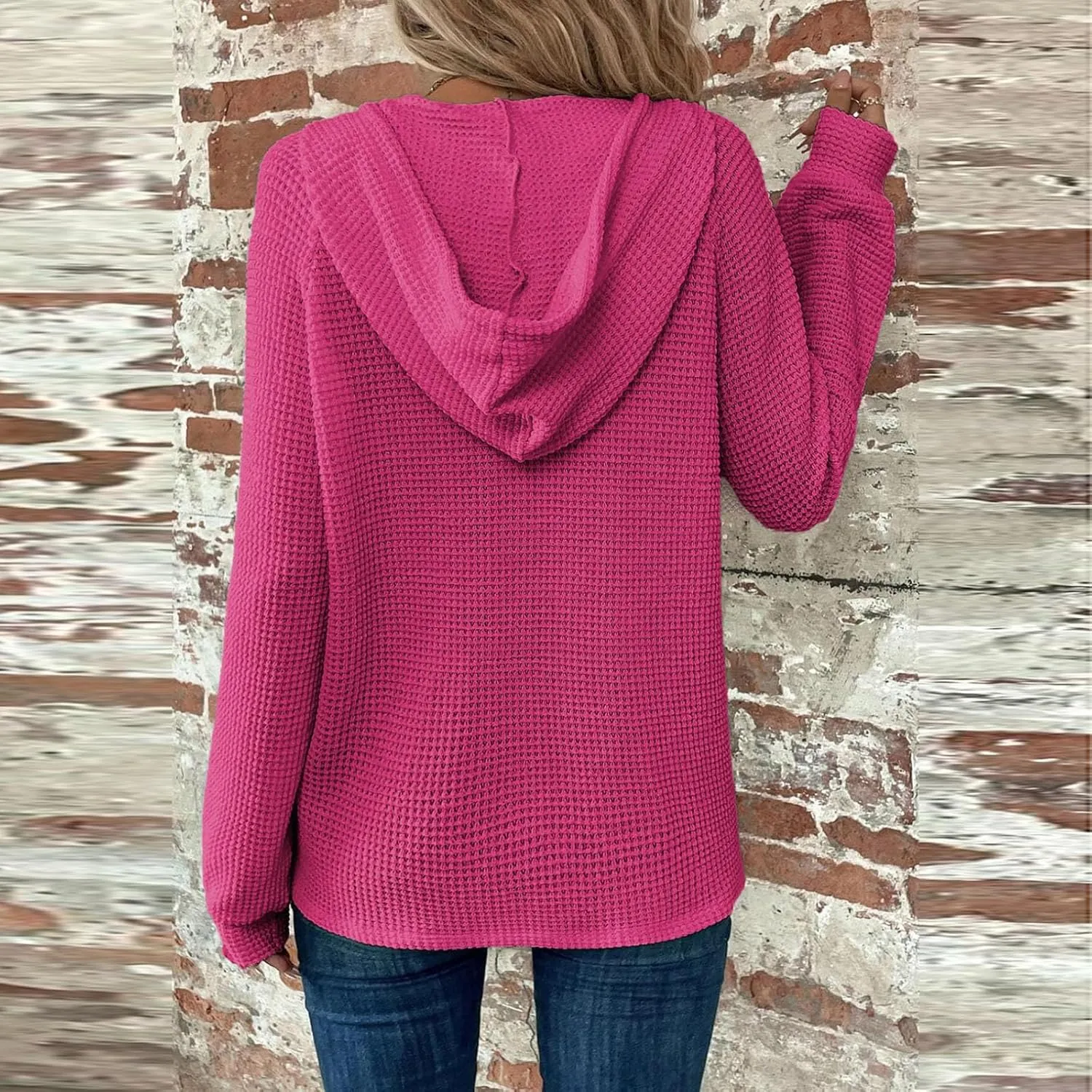 Waffle Knit Hoodies for Women Drawstring Hooded Button V-Neck Sweatshirt Fall Casual Long Sleeve Pullover Sweaters