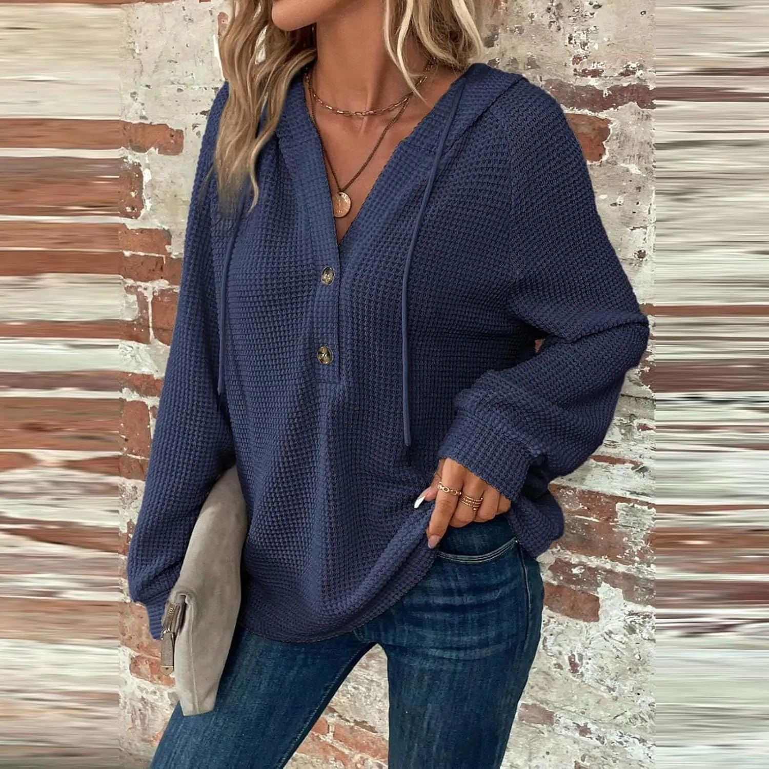 Waffle Knit Hoodies for Women Drawstring Hooded Button V-Neck Sweatshirt Fall Casual Long Sleeve Pullover Sweaters