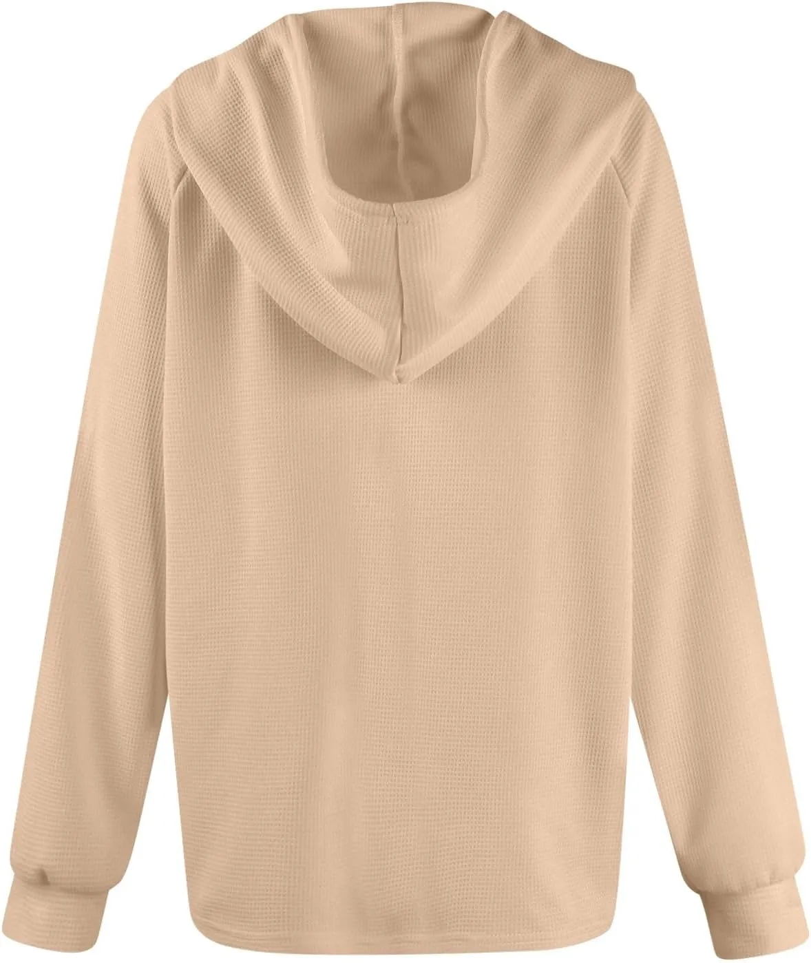 Waffle Knit Hoodies for Women Drawstring Hooded Button V-Neck Sweatshirt Fall Casual Long Sleeve Pullover Sweaters