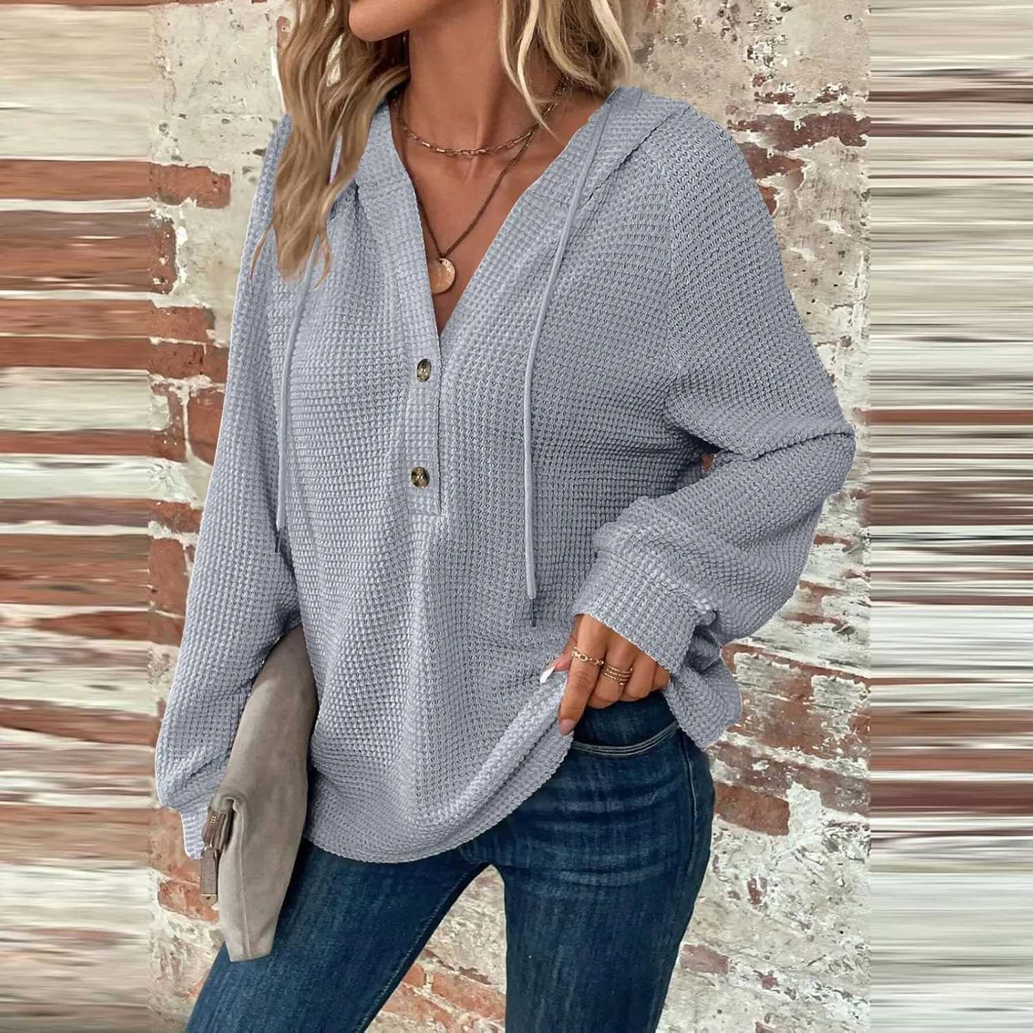 Waffle Knit Hoodies for Women Drawstring Hooded Button V-Neck Sweatshirt Fall Casual Long Sleeve Pullover Sweaters