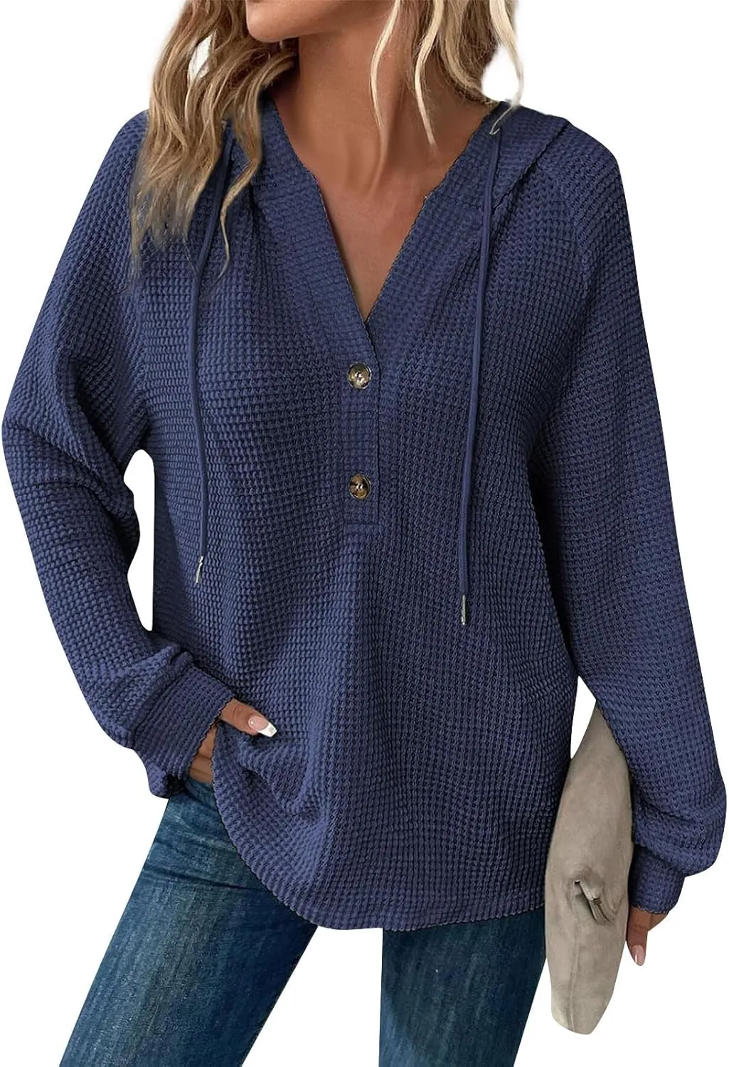 Waffle Knit Hoodies for Women Drawstring Hooded Button V-Neck Sweatshirt Fall Casual Long Sleeve Pullover Sweaters