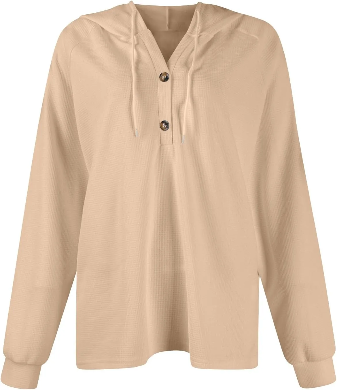Waffle Knit Hoodies for Women Drawstring Hooded Button V-Neck Sweatshirt Fall Casual Long Sleeve Pullover Sweaters
