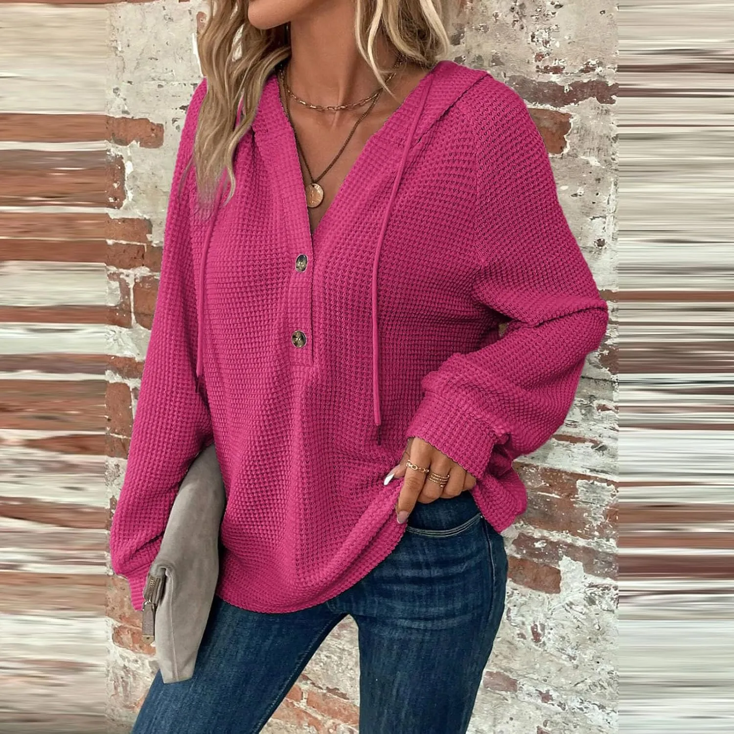 Waffle Knit Hoodies for Women Drawstring Hooded Button V-Neck Sweatshirt Fall Casual Long Sleeve Pullover Sweaters